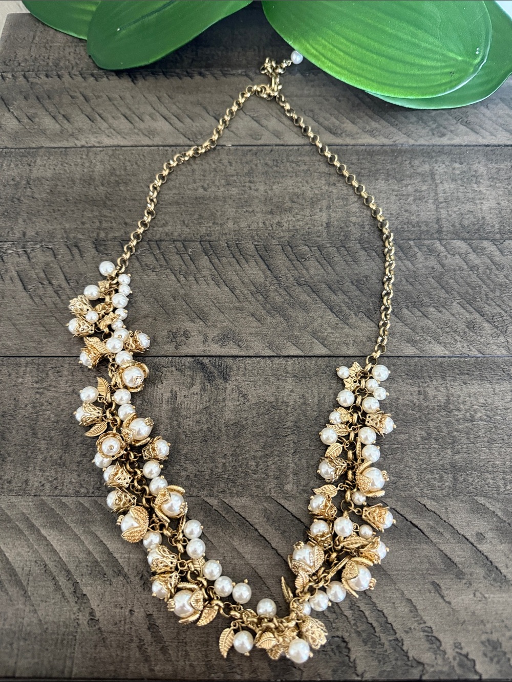 Gold Pearl Cluster Necklace with Leaf Accents